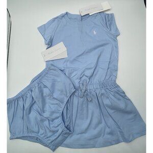 Ralph Lauren Dress Girls Baby Size 12 Months Blue With Bloomers Drawstring